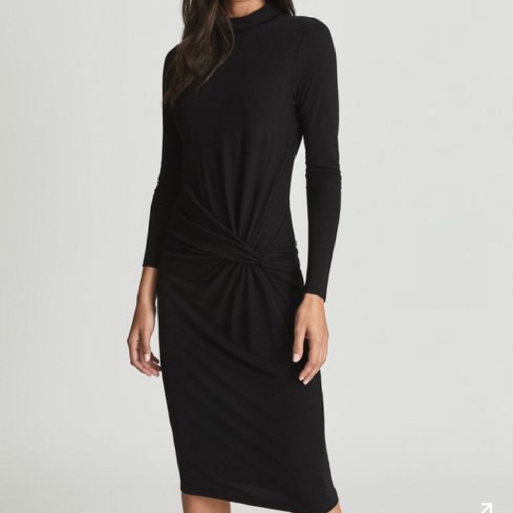 NWT REISS BLACK FREYA TWIST FRONT MIDI BODYCON DRESS - SIZE 8 - Picture 2 of 16